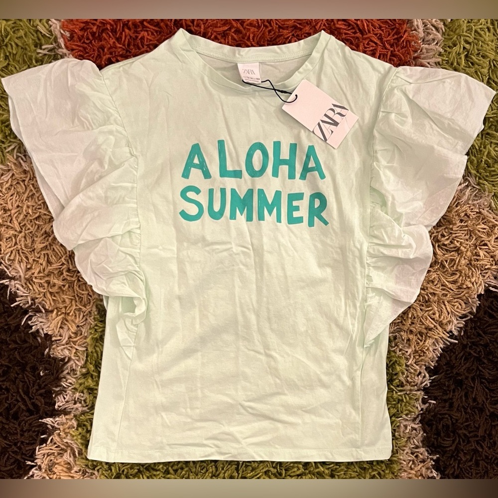 NWT✨ Zara Girls Mint Short Sleeve Ruffles Shirt 13-14
